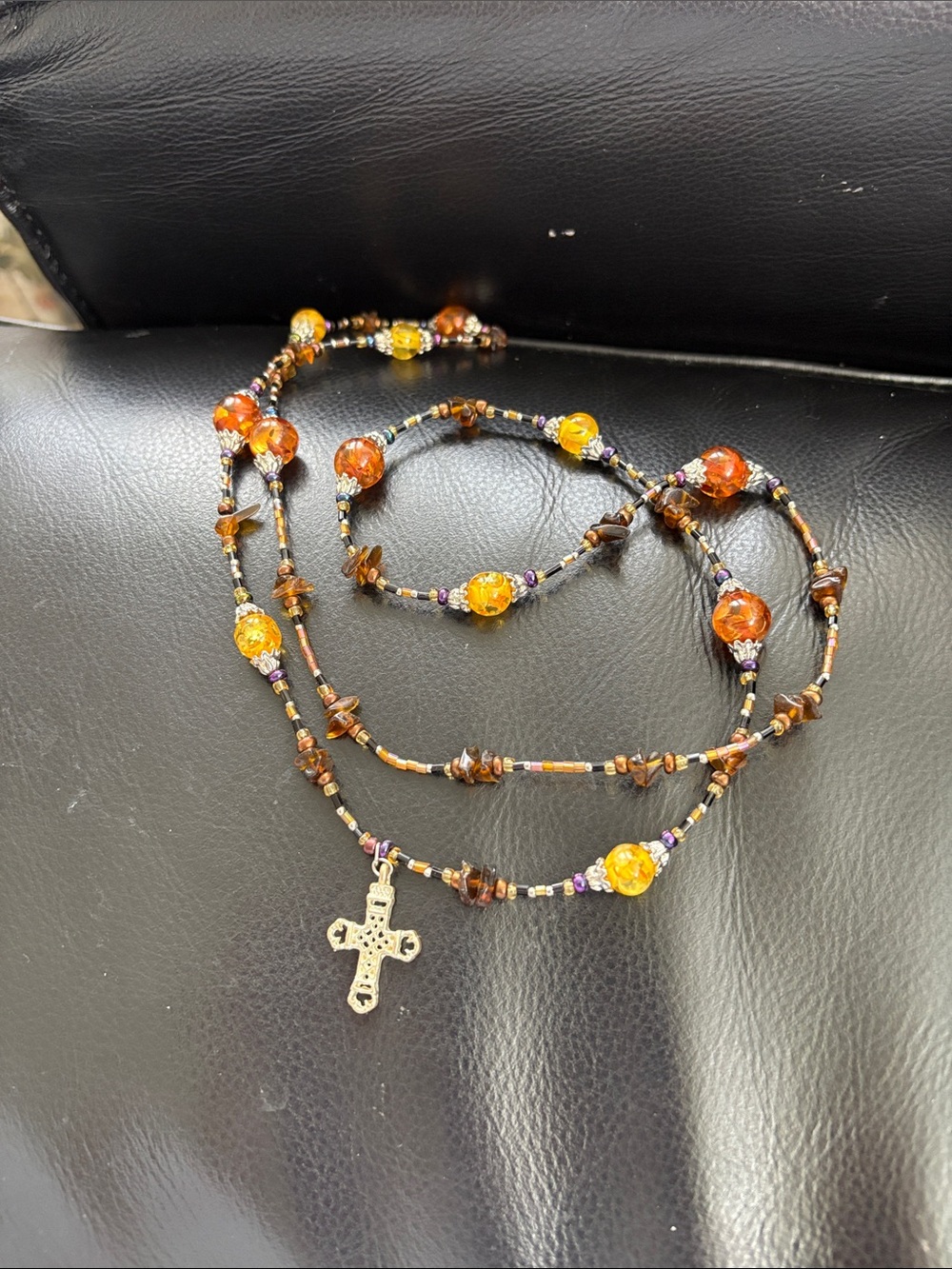Natural Cognac Amber Gemstones Chips And Seed Beads Rosary